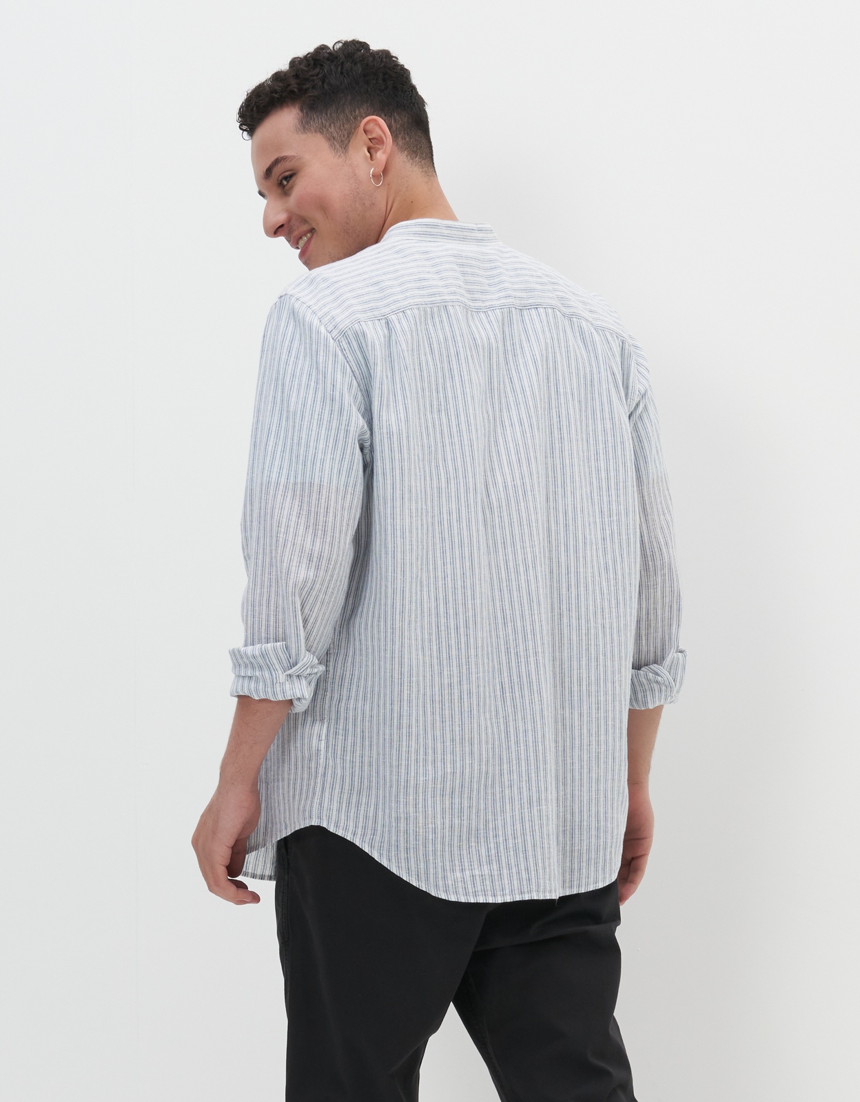 AE Band Collar Linen Striped Button-Up Shirt